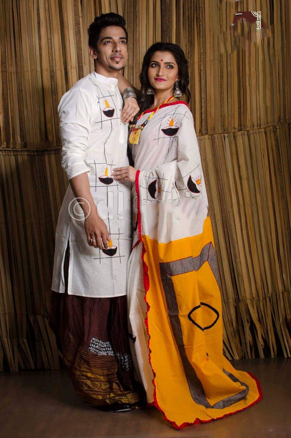 Exclusive Designer Screen Print Half Silk Saree / Dhupian Silk Saree &  Dhupian Silk Panjabi Combo For Couple .