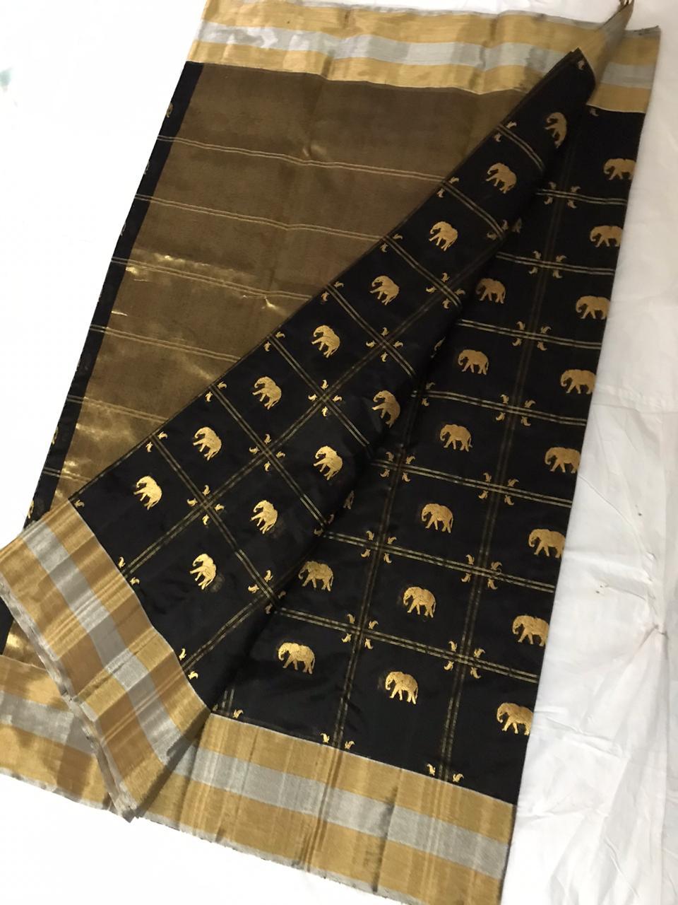 Black Colour Elephant Design Sambalpuri Handloom Cotton Bandha Saree