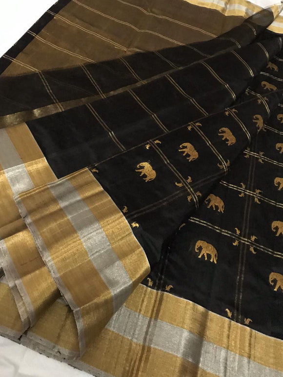 Black Golden Elephant Design Chanderi Saree