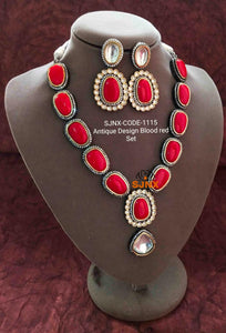 antique finish blood red kundan necklace set 