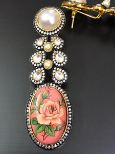 PINK FLOWER , Painted Kundan earrings for women/ Black Antique fusion earrings for Women
