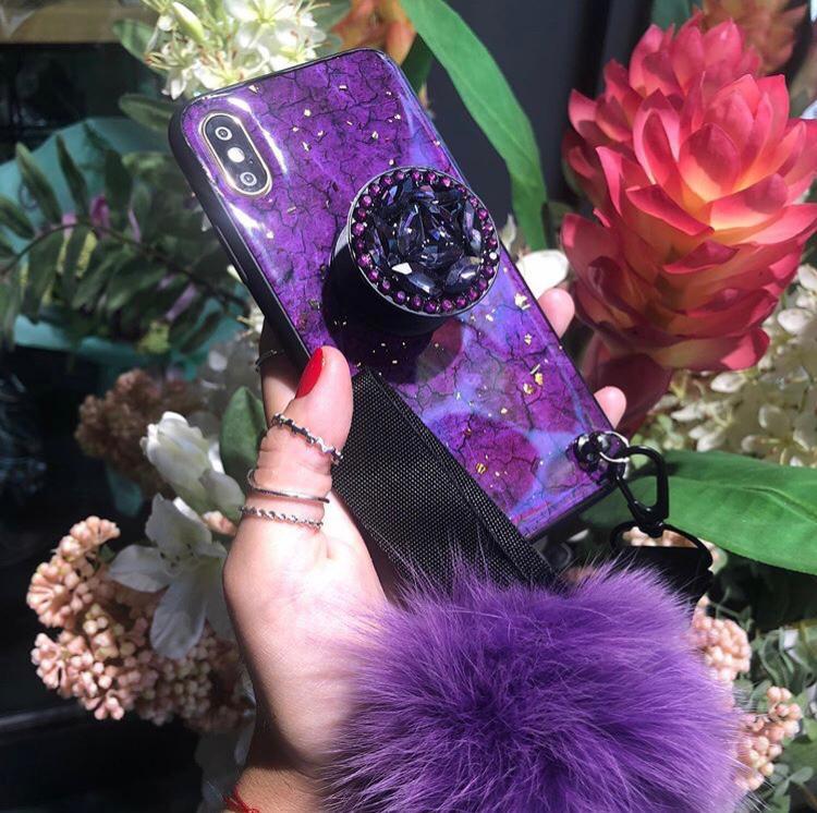 Glossy fur ball case with diamond pop socket case –