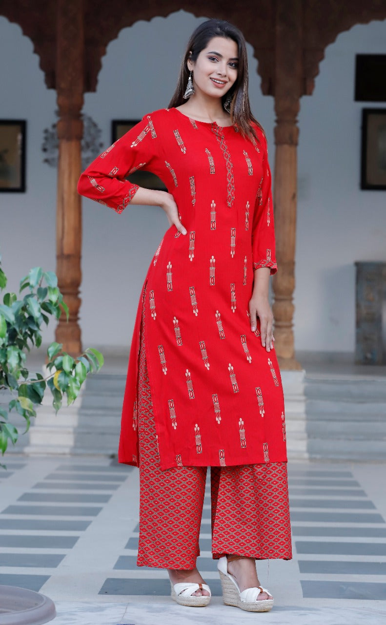 Buy Red Embroidered Cotton Kurta with Palazzo- Set of 2 | WAH103/WAH1 | The  loom