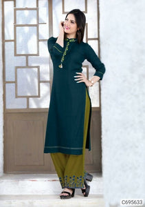 Blue and Mustard green   Adorable 14kg Rayon Embroidered Kurti and Palazzo Sets
