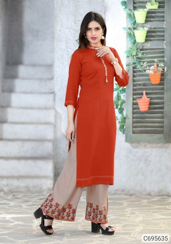 Red and Grey Adorable 14kg Rayon Embroidered Kurti and Palazzo Sets