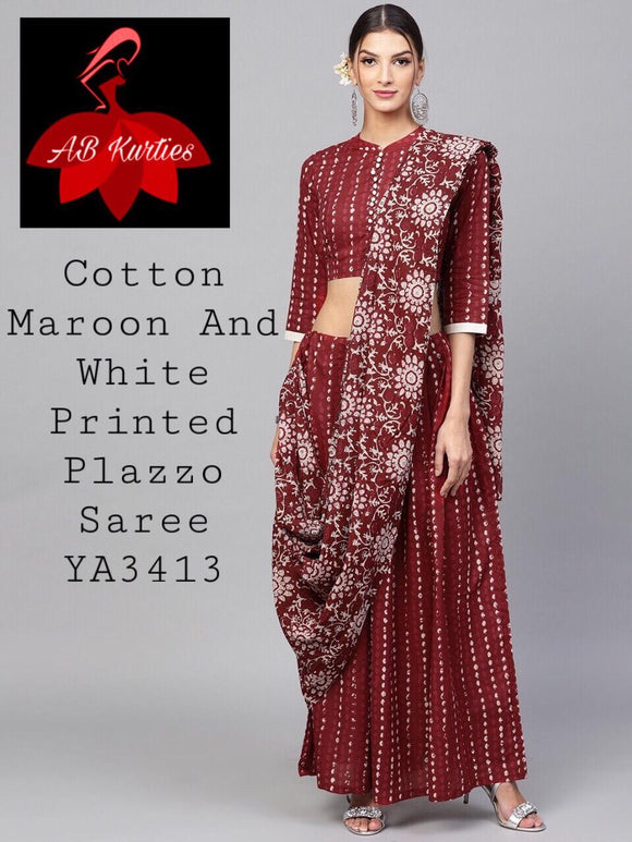 Cotton maroon and white printed palazzo saree
