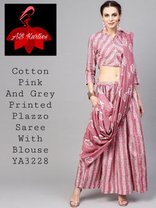 Cotton Pink and Grey  printed palazzo saree