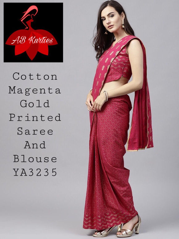 Cotton Magenta and Gold Printed  saree and Blouse