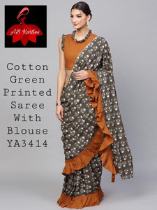 Cotton Green  Printed  saree and Blouse