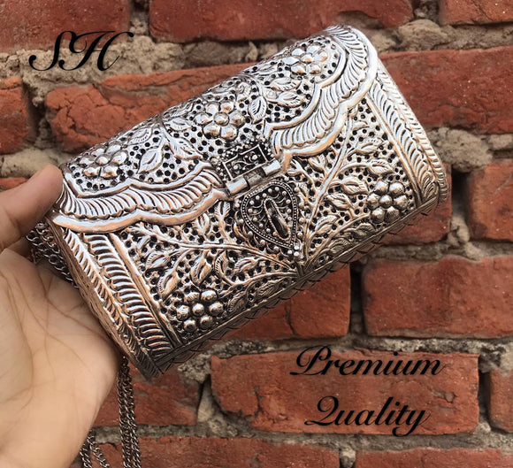 RUKMINI Clutch Vintage Bag Handmade Metal Bag Mosaic Stone Purse Shell Bag  Hand clutch Handbag for women SILVER : Amazon.in: Fashion