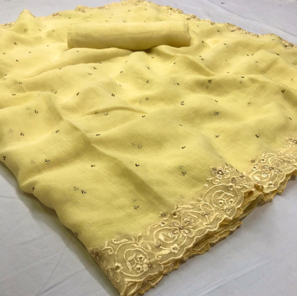 Pure Linen Saree  With Embroidery for women