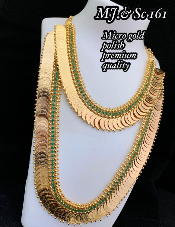 Traditional South Indian Kasu Necklace Set for Women with Green Stones