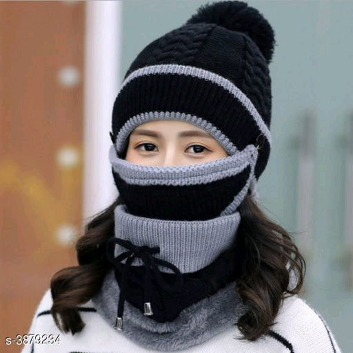 Fashionista  Women Imported  Soft Warm 1 Set Snow Proof Ball Cap  Woolen Beanie Cap With Scarf for Women Girl For Winter