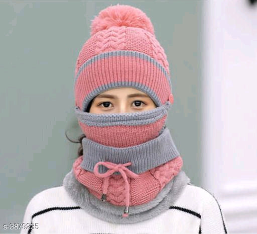 Fashionista  Women Imported  Soft Warm 1 Set Snow Proof Ball Cap  Woolen Beanie Cap With Scarf for Women Girl For Winter