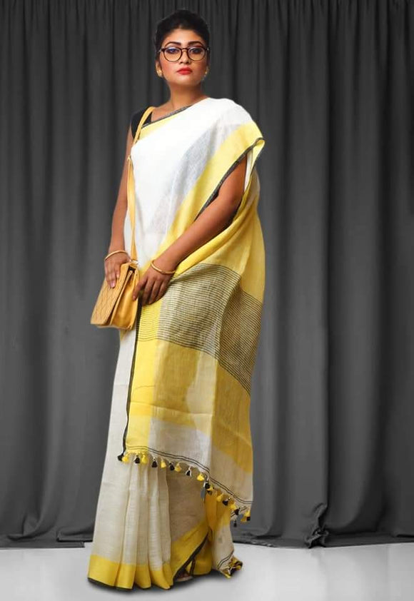 Pure Linen Saree in Cream with Black and Lemon yellow  borders  with Contrast Blouse