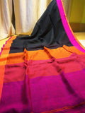 Pure Linen Saree in Black   and Magenta Pink borders and  with Contrast Blouse