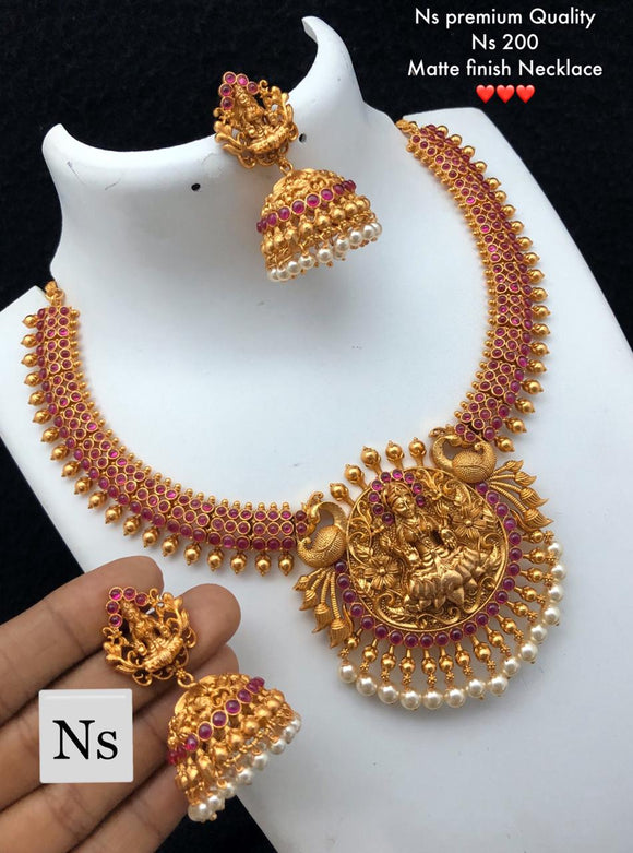 Classic Gold Tone Temple Work Necklace with Earrings for Women