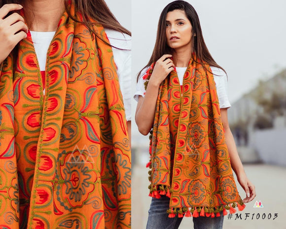 Mesmora's Travelling stoles Cool Orange   Woollen Heavily Embroidered Stole
