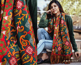 Mesmora's Travelling stoles Deep Green Woollen Heavily Embroidered Stole