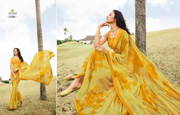Sanskar Georgette Saree with Designer Blouse /Floral Yellow