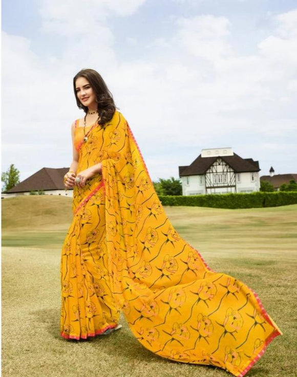 Sanskar Georgette Saree with Designer Blouse /Yellow