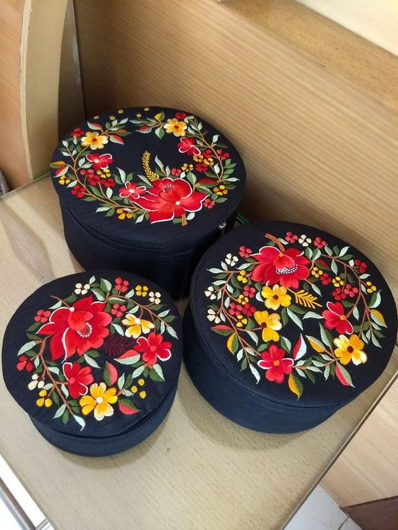 SET OF 3 BLACK EMBROIDERED STORAGE BOXES