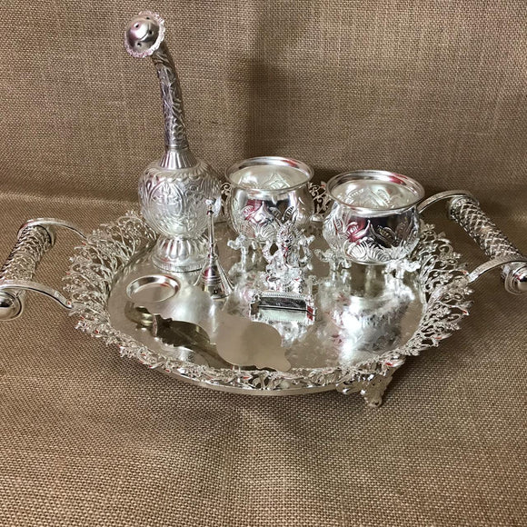 IMPORTED GERMAN SILVER PUJA THALI WITH LORD GANESHA AND PUJA ARTICLES-CZ