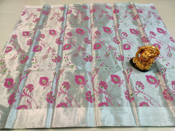 PURE SILVER TISSUE WITH COTTON FLORAL PRINTS  SAREE FOR WOMEN