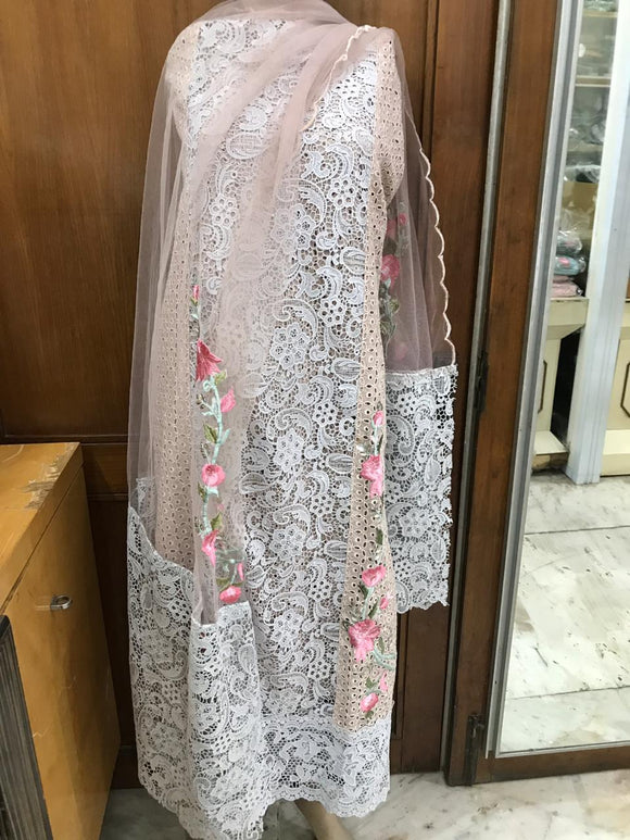 Chikankari  Embroidered Applique work Suit Material with Lace Dupatta