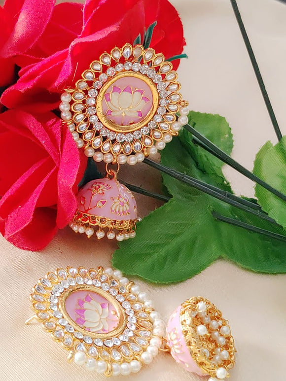 Women's Premium Quality Blue Pink Meenakari Pearl Kundan Jhumka Earrin –  Trendia