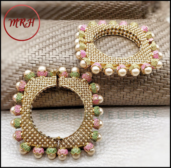 PAIR OF PINK& GREEN  ENAMEL OPENABLE BANGLES WITH PEARLS  FOR WOMEN