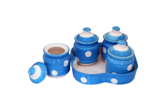 Blue  Martban  set of 4  for storing Pickle Oil Spice Utility Jars with lid and tray