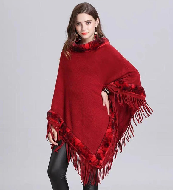 Red  Beautiful 2019 Fur Collar O-neck Flare Sleeve Tassel Woollen Poncho for Women