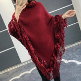Red  Beautiful 2019 Fur Collar O-neck Flare Sleeve Tassel Woollen Poncho for Women