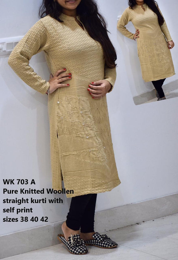 PURE KNITTED STRAIGHT SOFT WOOLLEN KURTI WITH  SELF PRINTS