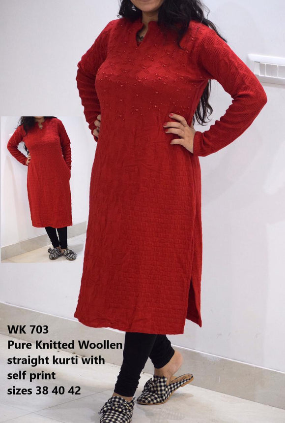 PURE KNITTED STRAIGHT SOFT WOOLLEN KURTI WITH  SELF PRINTS