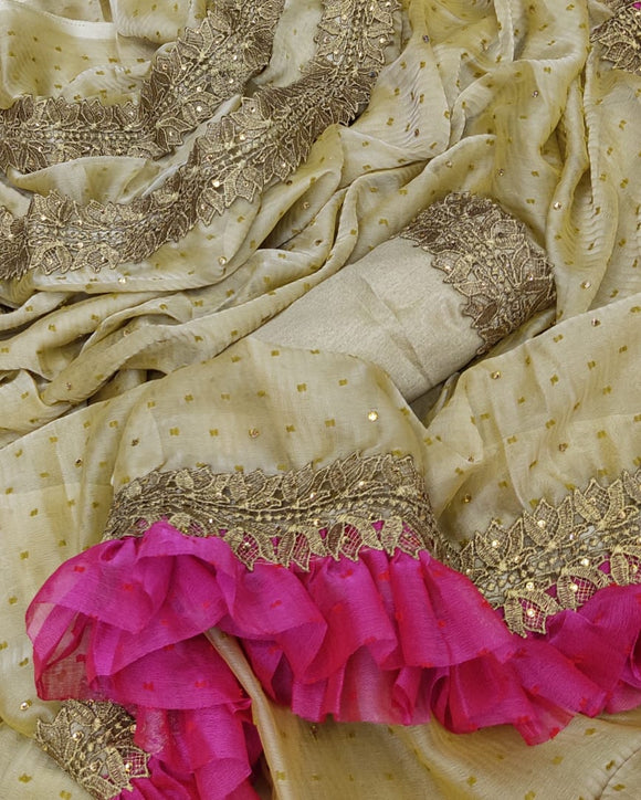 GEORGEOUS GOLDEN  SAREE WITH MAGENTA PINK  FRILLS FOR WOMEN