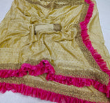 GEORGEOUS GOLDEN  SAREE WITH MAGENTA PINK  FRILLS FOR WOMEN