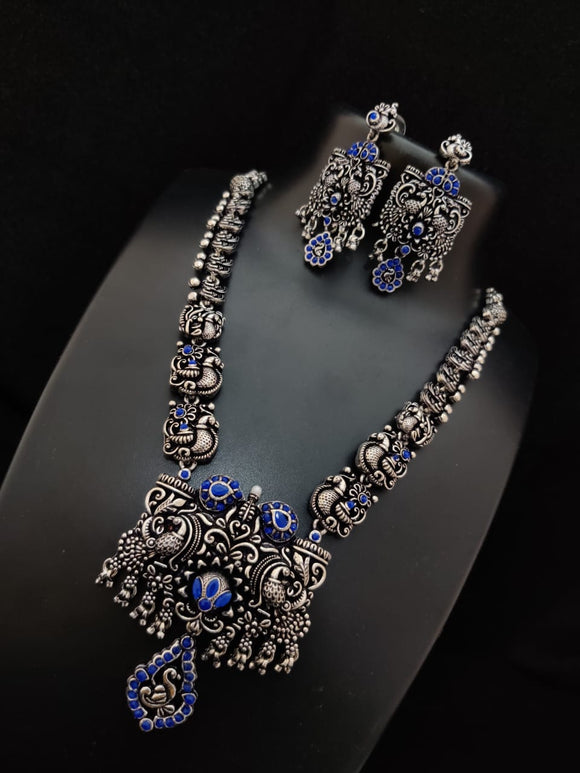 OXIDISED SILVER NECKLACE WITH BLACK METAL FINISH WITH BLUE STONES