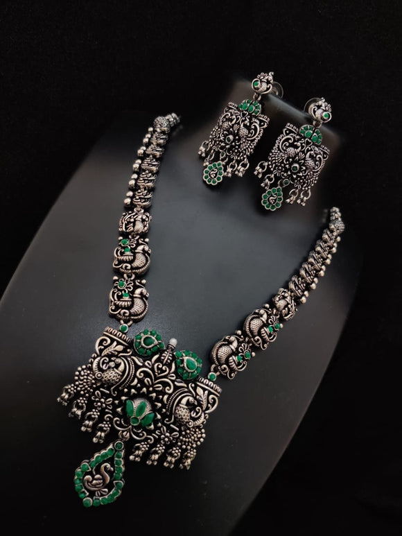 OXIDISED SILVER NECKLACE WITH BLACK METAL FINISH WITH JADE GREEN  STONES