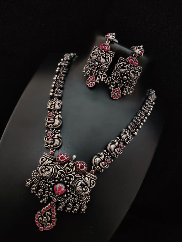 OXIDISED SILVER NECKLACE WITH BLACK METAL FINISH WITH RUBY RED STONES