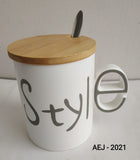 Love, life, smile, style ceramic mugs with wooden lid & stainless steel spoon