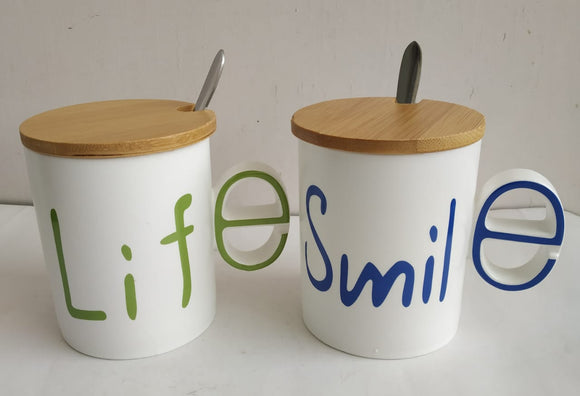 Love, life, smile, style ceramic mugs with wooden lid & stainless steel spoon for Couple