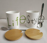 Love, life, smile, style ceramic mugs with wooden lid & stainless steel spoon for Couple