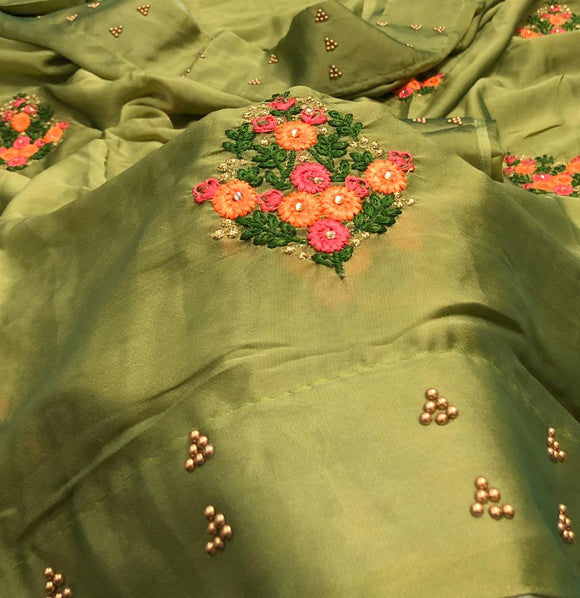 OLIVE GREEN   COLOR MOSS CHIFFON SAREE WITH BEAD WORK