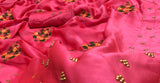 STRAWBERRY PINK  COLOR MOSS CHIFFON SAREE WITH BEAD WORK