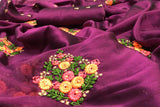 GRAPE WINE COLOR MOSS CHIFFON SAREE WITH BEAD WORK