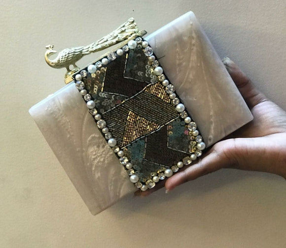 PEARL PEACOCK RESIN CLUTCH BAG FOR WOMEN
