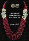ONYX BEAD NECKLACE SET WITH ROSE BLACK FINISH BROOCH SET