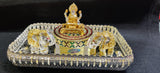 Full set impressive imported German silver washable tray with 24kt gold coated idols with meenakari chowki